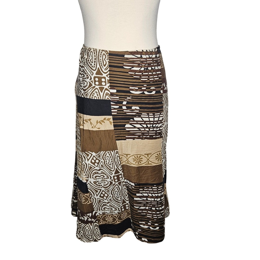 New York & Company 100% Silk Midi Skirt Women's L Brown Patchwork Boho A-Line